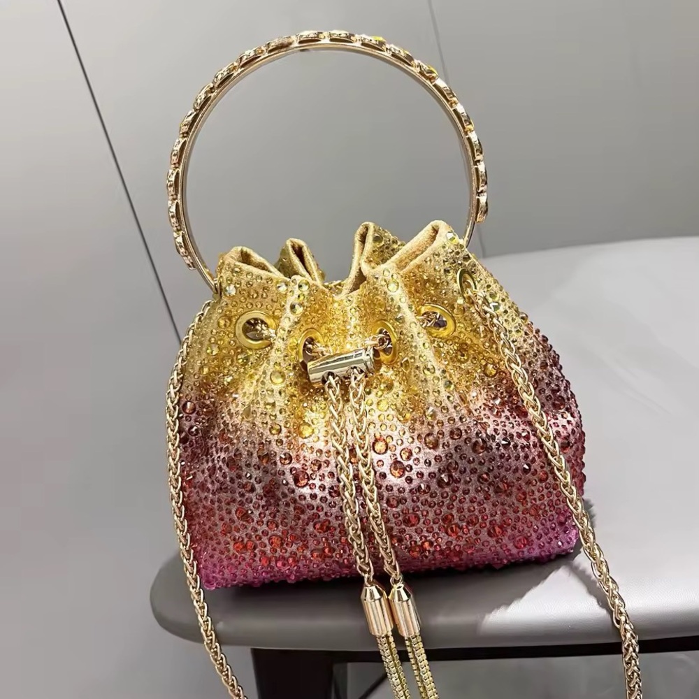 Ombre Rhinestone Bucket Clutch – Top Handle Crystal Designer Evening Purse